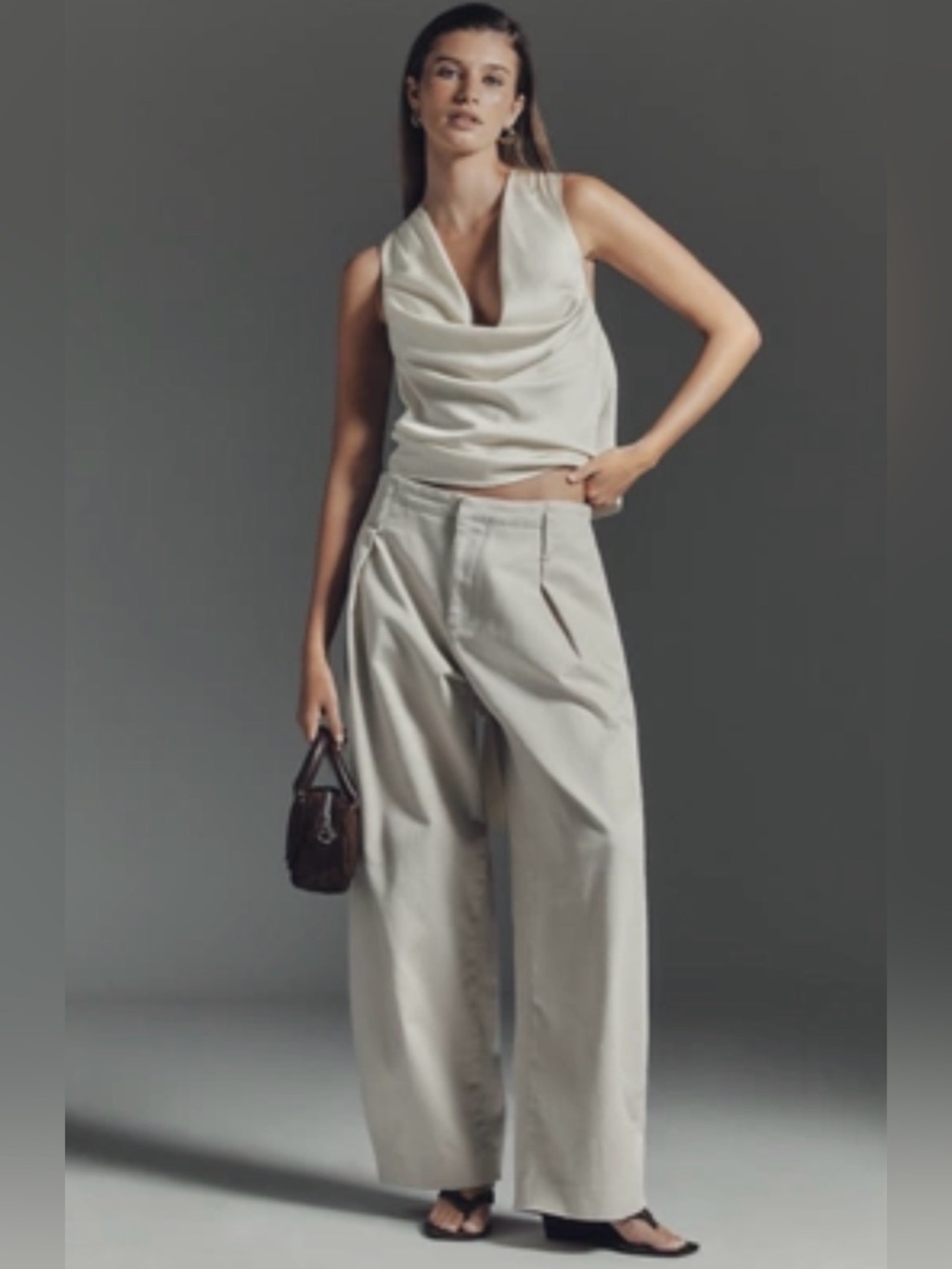 Anthropologie Cream Wide-Leg Pleated Trousers